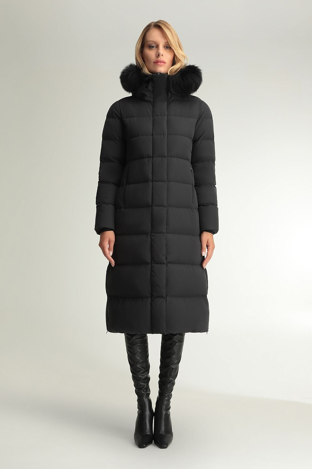 grey long puffer jacket women's