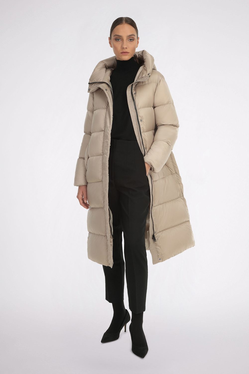 Beige long puffer shop coat